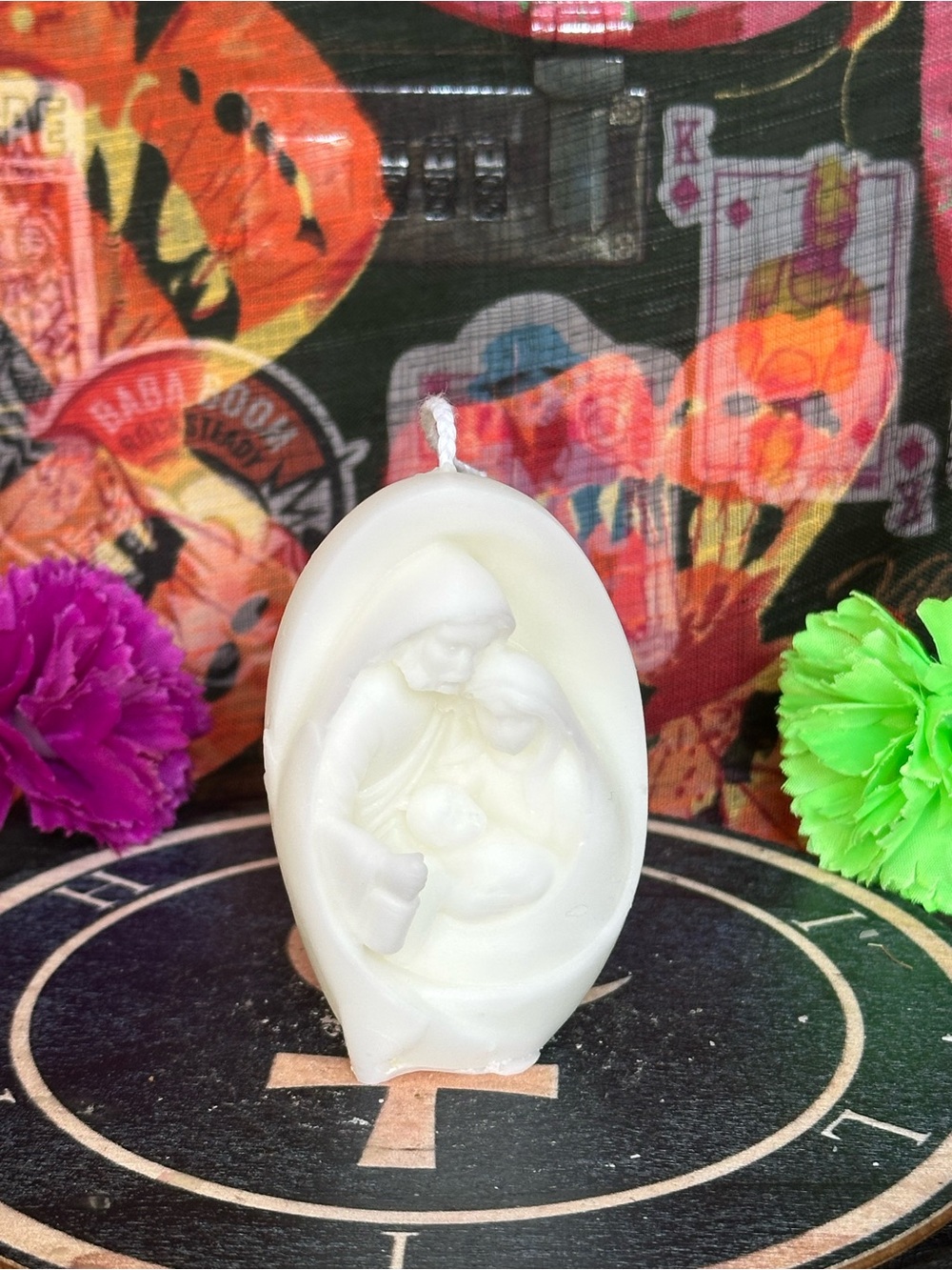 Handmade Holy Family Candle – White Religious Scene